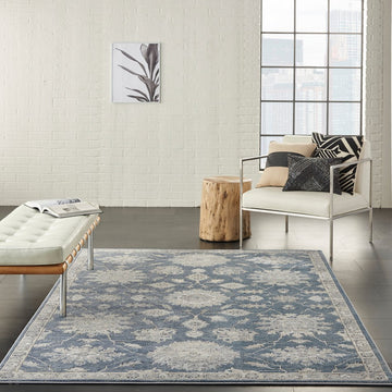Quarry QUA06 Traditional Persian Vintage Distressed Floral Medallion Border Soft Textured Durable Low Profile Short Pile Steel Blue/Beige/Cream Rug-Nourison-Rug Love - The Most Loved Rug Store